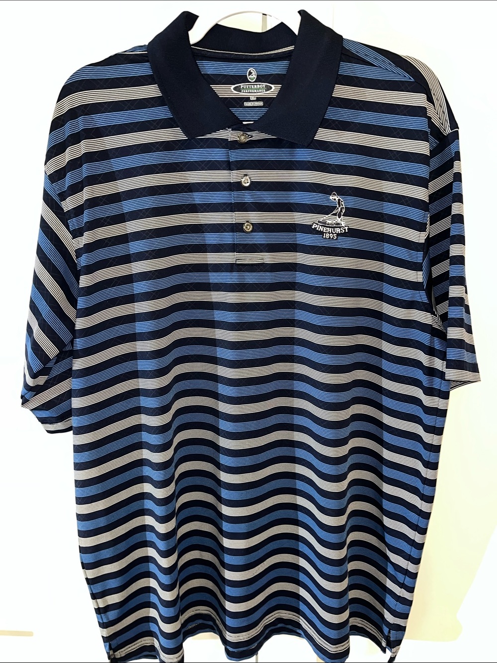 Pinehurst Resort putter boy 1895 Performance Blue Stripe Golf Shirt XL Mens